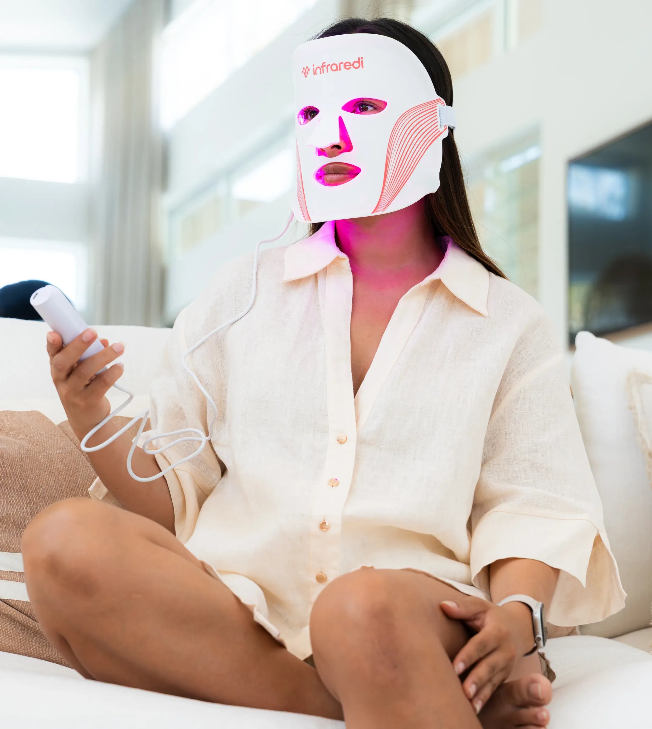 Woman wearing the Infraredi LED face mask